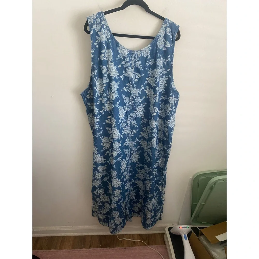 Blue Floral Cotton Denim Sleeveless Jumper Dress Plus Size 2X - Picture 7 of 8